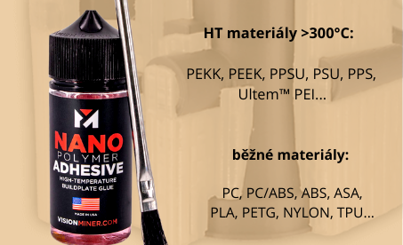 1Nano Polymer Adhesive is the ideal bed prep for eliminating lift and warp with PEEK, PEKK, Ultem PEI, PPSU, ABS, ASA, PLA, PETG, NYLON, PC, and many more.