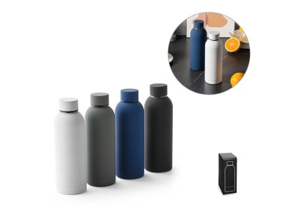 ODIN. Dvojstenná vákuová fľaša z nehrdzavejúcej ocele (36% recyklovanej) s pogumovaním 550 mL