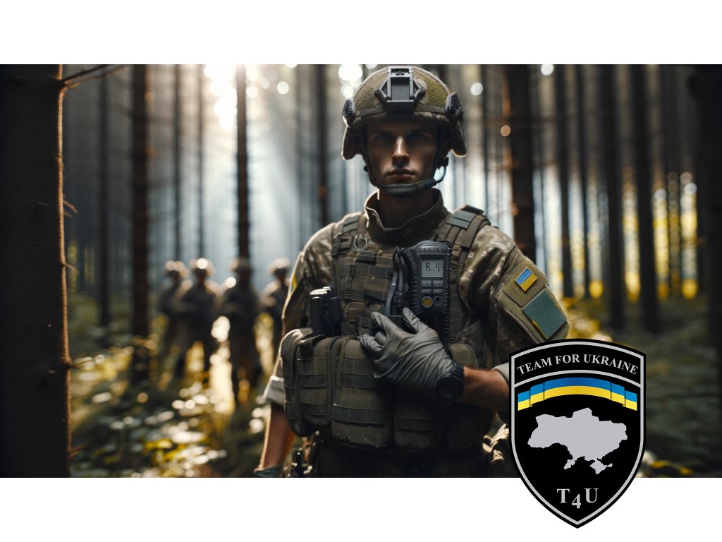 DALL·E 2023 12 17 19.19.39 An Ukrainian combat medic standing in a dense forest, the sun filtering through the trees casting dappled light across the scene. He is in full unifor