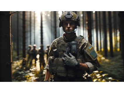 DALL·E 2023 12 17 19.19.39 An Ukrainian combat medic standing in a dense forest, the sun filtering through the trees casting dappled light across the scene. He is in full unifor