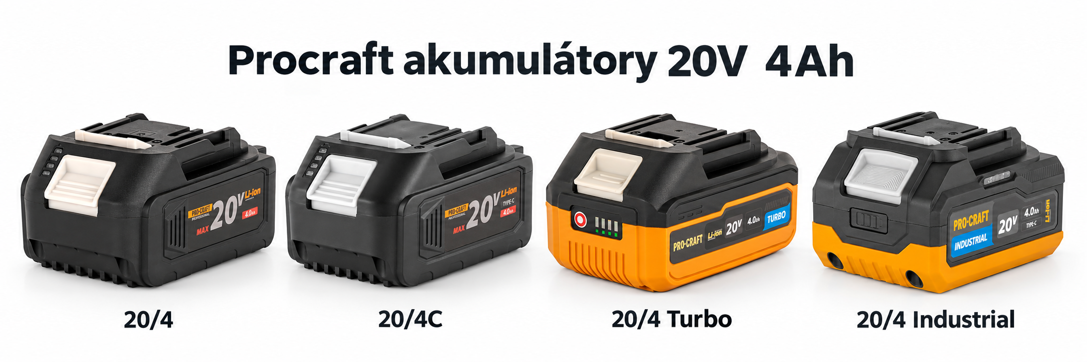 Porovnání akumulátorů Procraft 20 V 4 Ah – standardní, USB-C, Turbo a Industrial