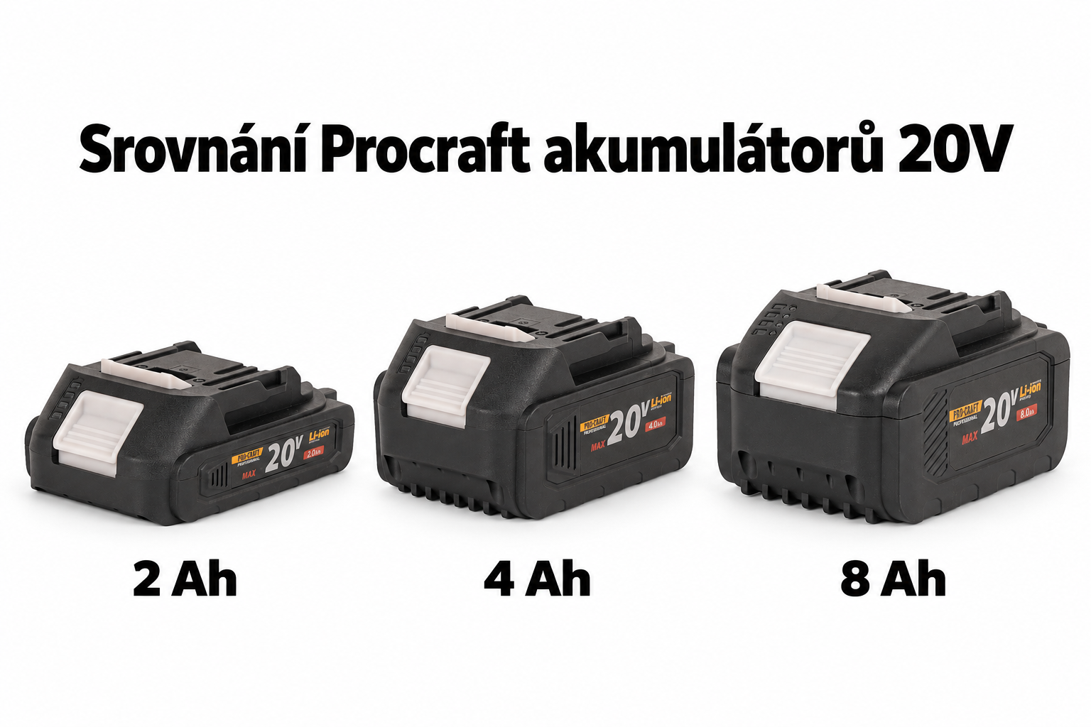Srovnání akumulátorů Procraft 20 V s kapacitou 2 Ah, 4 Ah a 8 Ah