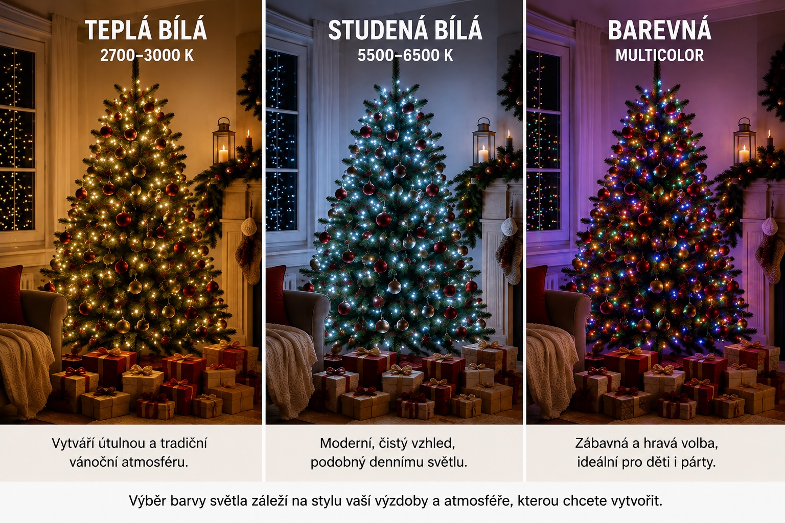 Teplá bílá, studená bílá a barevná varianta vánočního osvětlení