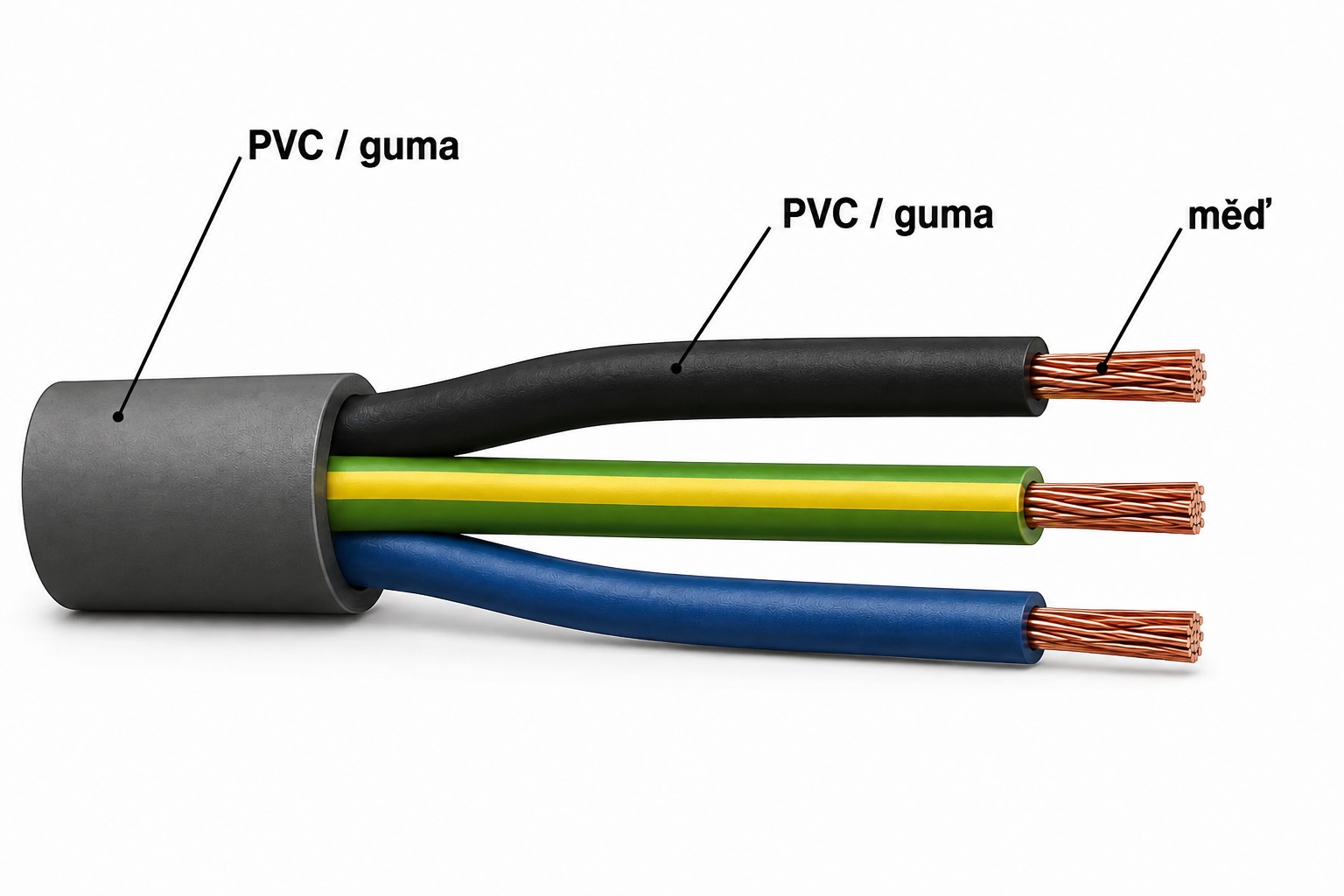 Konstrukce prodlužovacího kabelu – PVC, guma a měděné vodiče