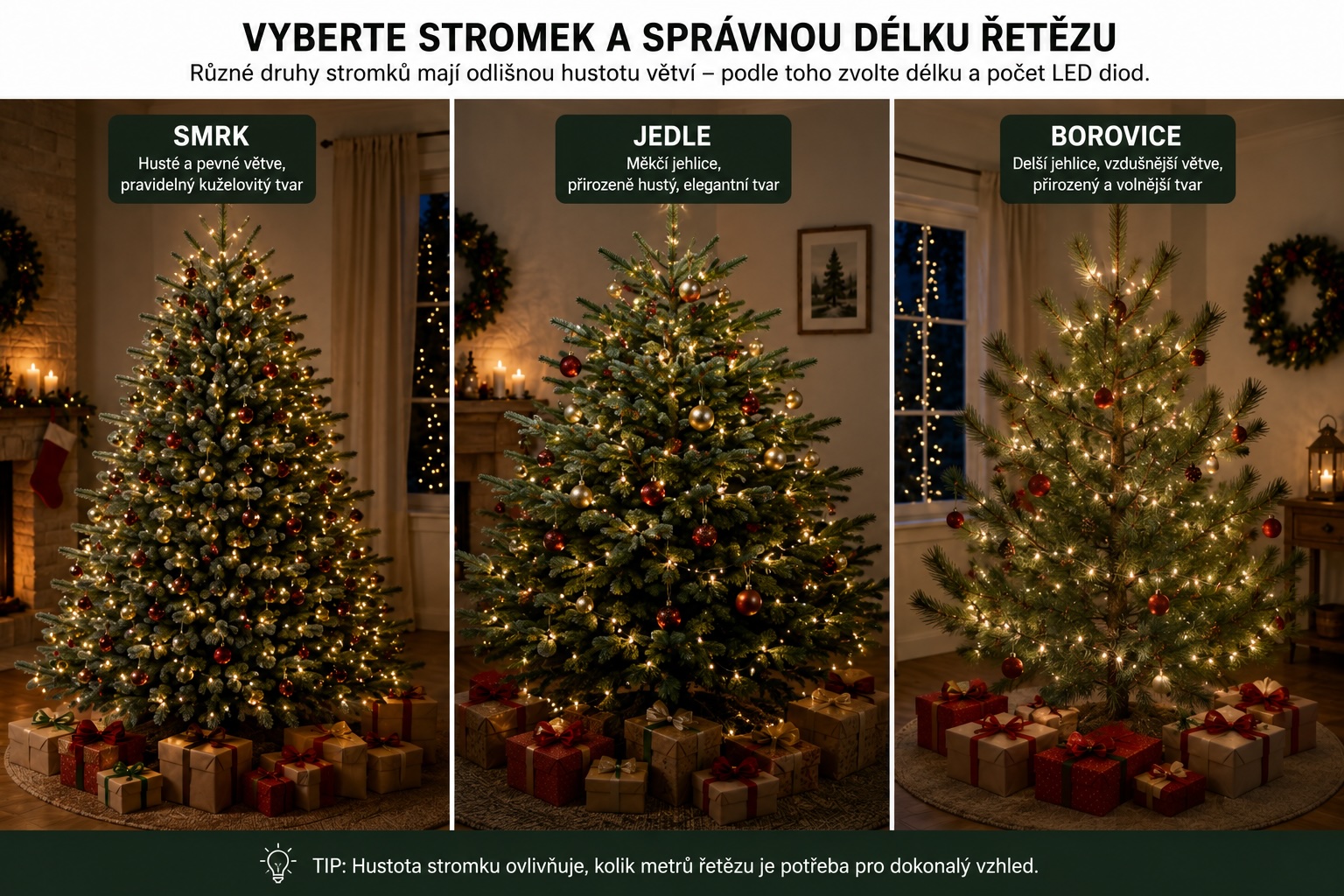 Smrk, jedle a borovice s vánočním osvětlením