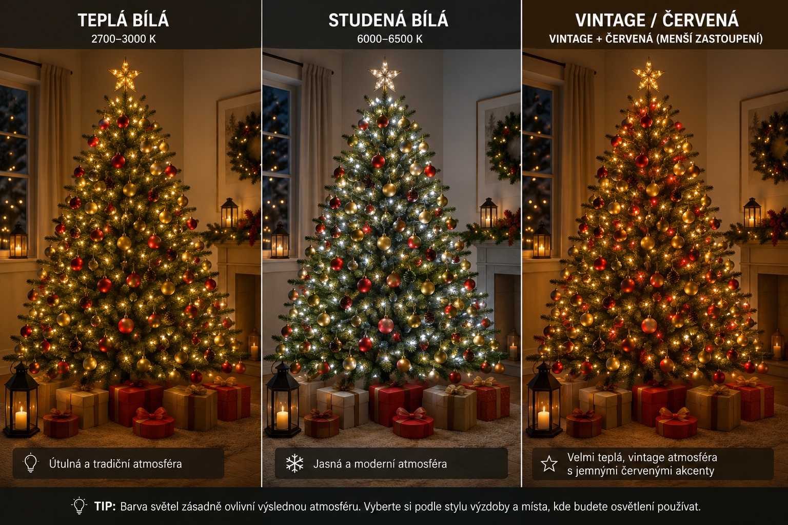 Srovnání teplé bílé, studené bílé a vintage červené barvy vánočního osvětlení na stejném stromku