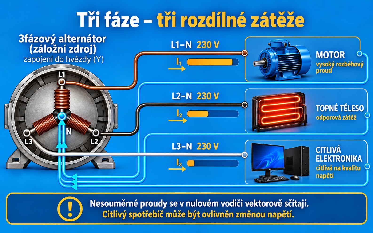 Tři fáze s rozdílným zatížením u třífázové elektrocentrály