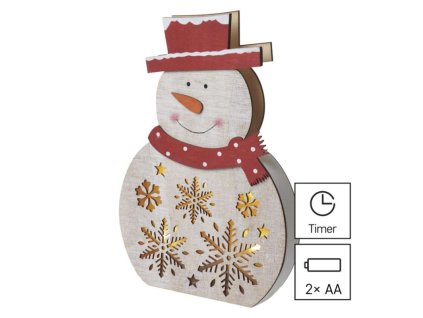 LED vánoční sněhulák dřevěný, 30 cm, 2x AA, vnitřní, teplá bílá, časovač