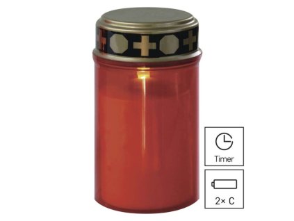 LED hřbitovní svíčka červená, 2x C, venkovní i vnitřní, teplá bílá, časovač