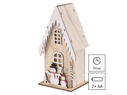 LED dekorace dřevěná – domek se sněhuláky, 28,5 cm, 2x AA, vnitřní, teplá bílá, časovač