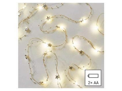 LED vánoční řetěz zlatý – hvězdičky, 1,9 m, 2x AA, vnitřní, teplá bílá, časovač
