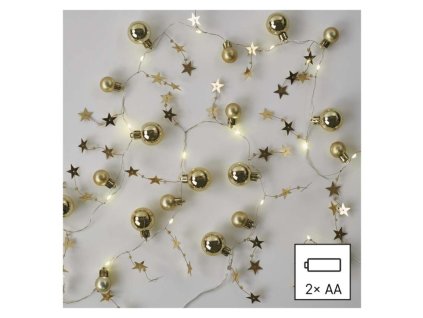 LED vánoční girlanda – zlaté koule s hvězdami, 1,9 m, 2x AA, vnitřní, teplá bílá, časovač