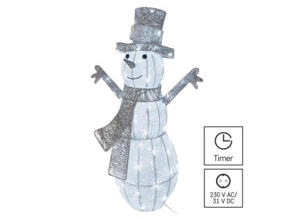 LED vánoční sněhulák ratanový, 82 cm, venkovní i vnitřní, studená bílá, časovač