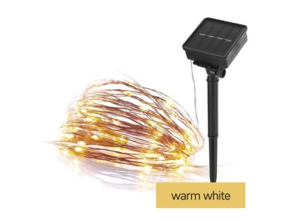 LED nano řetěz se solárním panelem, měděný, 12 m, venkovní i vnitřní, teplá bílá, časovač