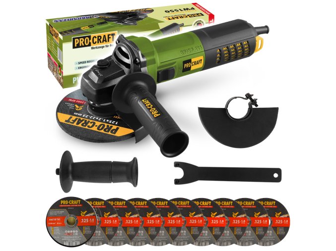 6360 bruska uhlova procraft pw1550 10x rezny kotouc cd125x10b v kovovem boxu spw1550cd125x10b