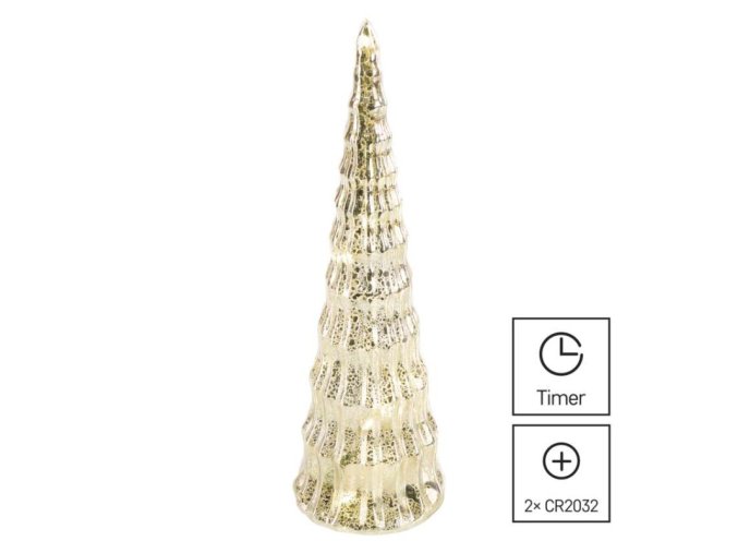 LED vánoční skleněný stromek, 27 cm, 2x CR2032, vnitřní, teplá bílá, časovač