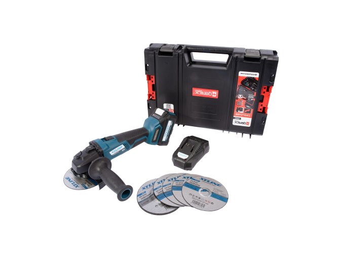XTLINE Aku úhlová bruska bezuhlíková 18 V, 125 mm + kotouče + baterie 5.0 Ah + nabíječka + box