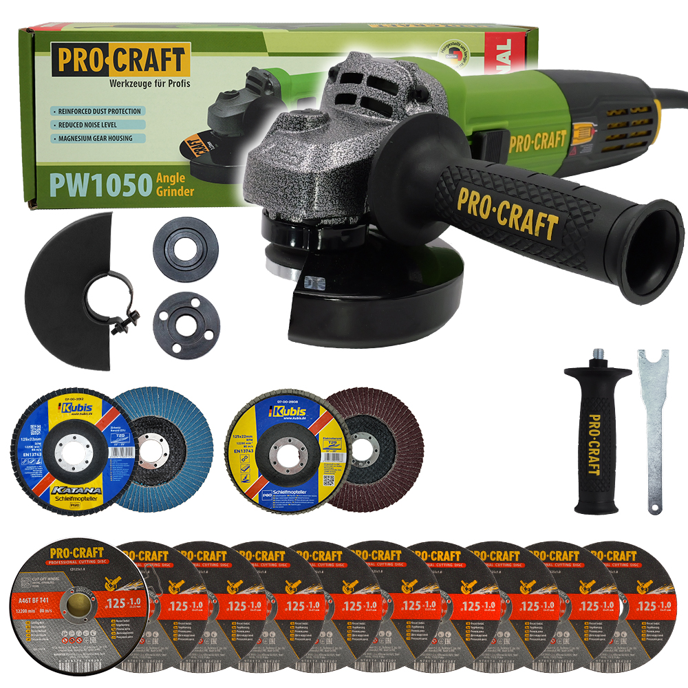 Uhlová brúska Procraft PW1050 + 10x rezací kotúč CD125x1,0 , 2x lamelový kotúč | SPW1050