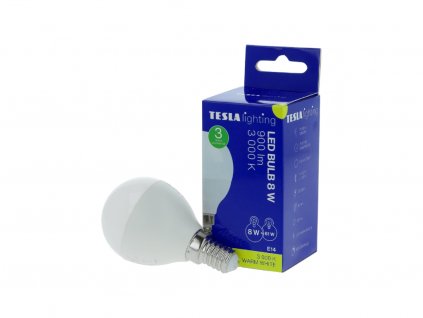 Tesla - LED žárovka miniglobe BULB E14, 8W, 230V, 900lm, 25 000h, 3000K teplá bílá, 220st