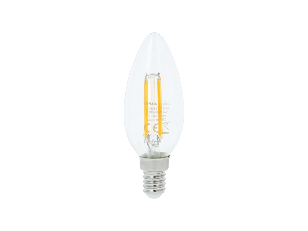LED žárovka FILAMENT RETRO svíčka E14, 6W, 230V, 806lm, 25 000h, 2700K teplá,360st,čirá