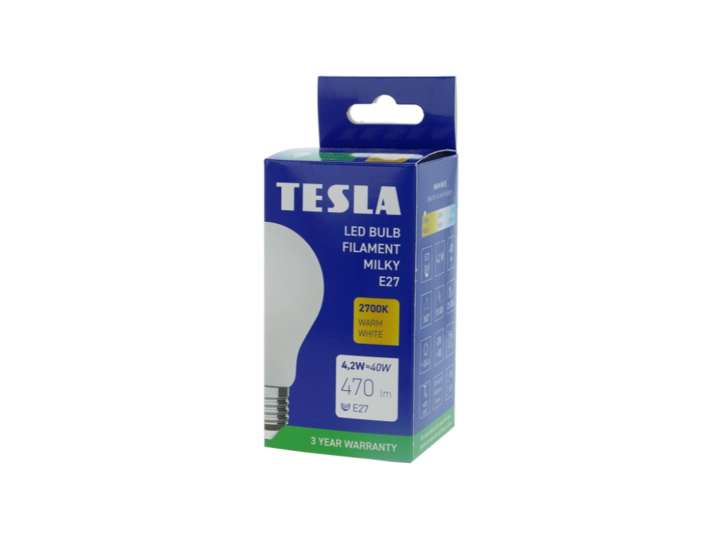 LED žárovka FILAMENT BULB, E27, 4,2W, 230V, 470lm, 2700K teplá bílá, 360st, mléčná