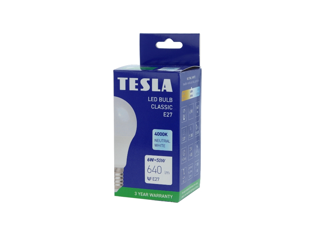 LED žárovka BULB, E27, 6W, 230V, 640lm, 25 000h, 4000K denní bílá, 220st