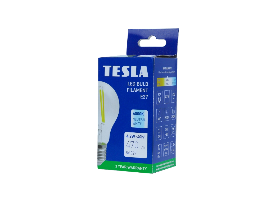 LED žárovka FILAMENT RETRO BULB, E27, 4,2W, 230V, 470lm, 25 000h, 4000K denní bílá, 360st,čirá