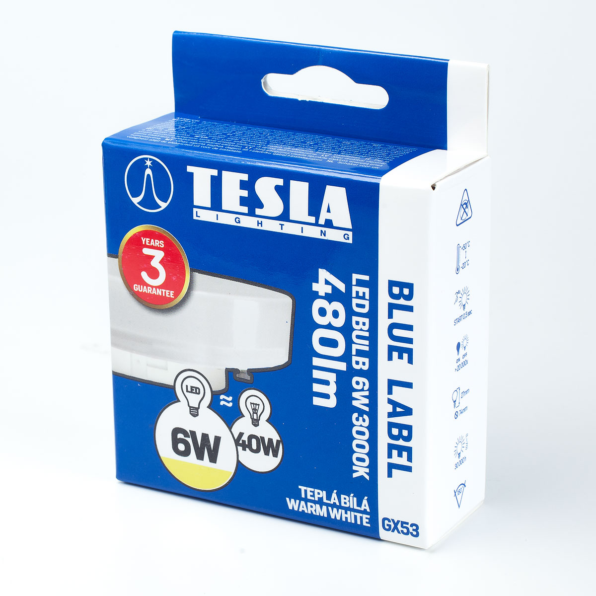 LED žárovka, GX53, 6W, 230V, 480lm, 30 000h, 3000K teplá bílá, 180st