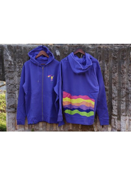 Fialová unisex mikina TOMÁŠ S KYTAROU a DUHOVÝM POTISKEM na zádech