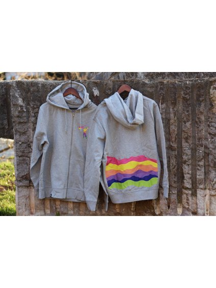 Šedá unisex mikina TOMÁŠ S KYTAROU a DUHOVÝM POTISKEM na zádech