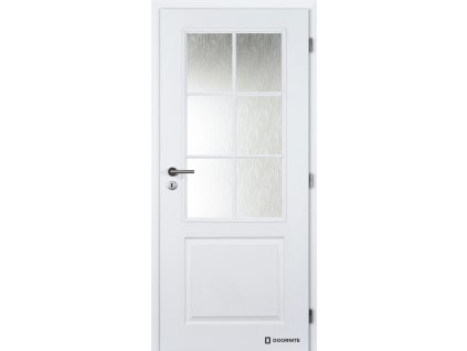 Dveře falcové lakované, bílá Doornite 1, Aulida struktura, sklo kůra čirá, dozický zámek (Výplň voština, Šířka 80, Orientace pravá)