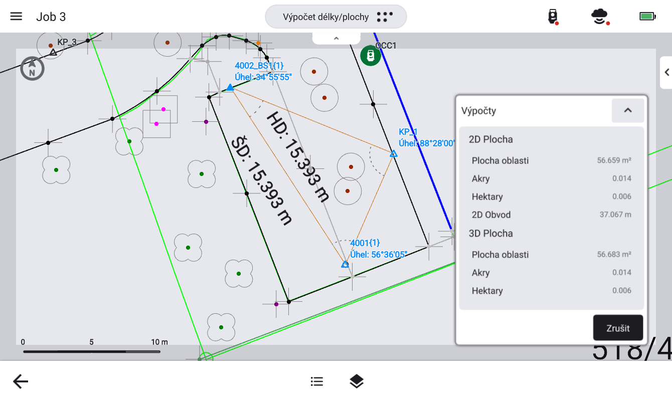 Výpočet plochy a obvodu zaměřeného tvaru v softwaru Topcon Digital Layout
