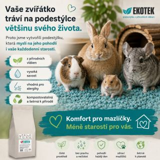 Podestýlka EKOTEK: 🌿 z přírodních vláken 💧 vysoká savost 🤧 vhodná pro alergiky ♻️ kompostovatelná 💚 Komfort pro mazlíčky....