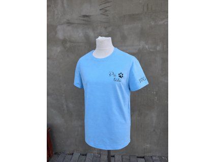 Modrá tričko s textem a grafikou