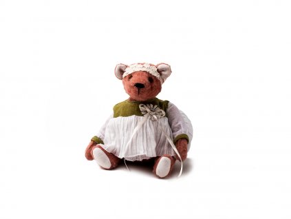 Medvídek růžový v bílo-zelených šatech - Ruční práce