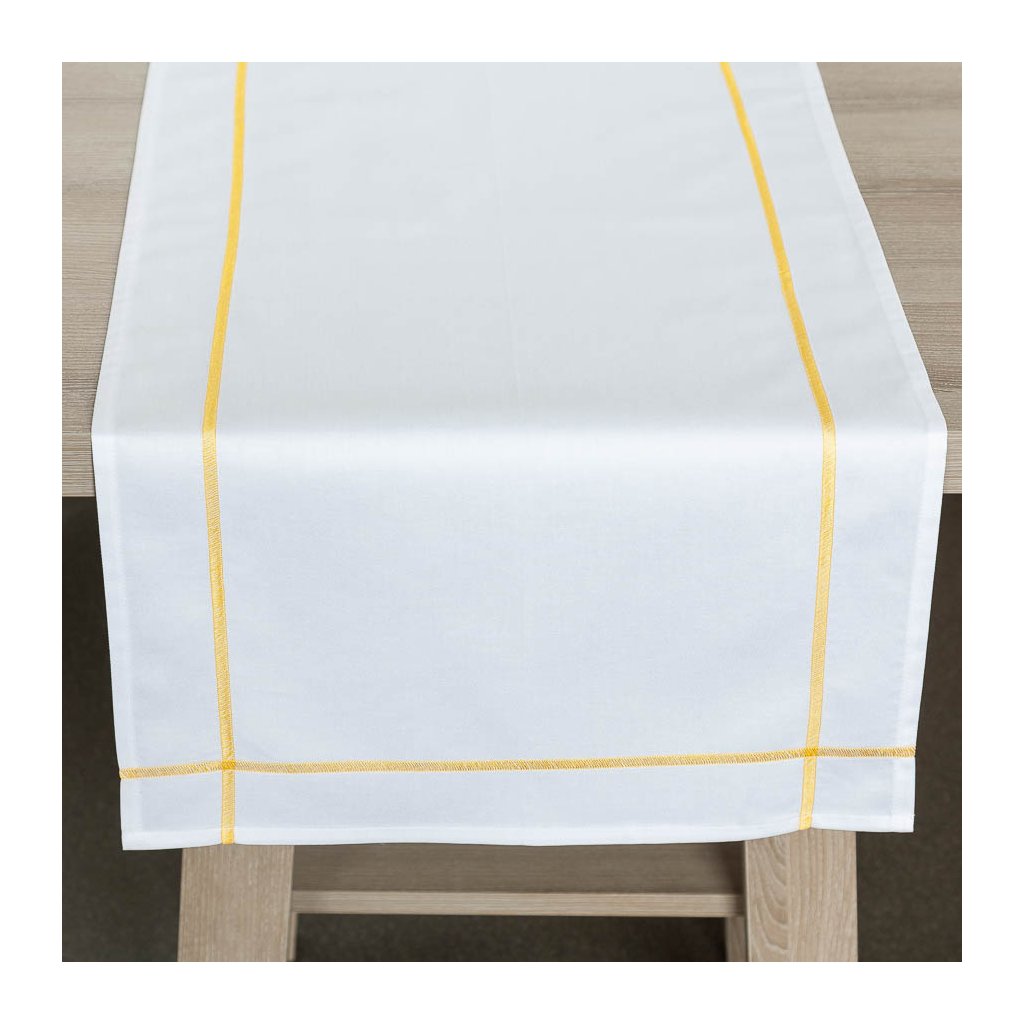 Ubrus Veba GARBO bavlněný satén bílá s ozdobným žlutým šitím s nešpinivou úpravou (Velikost 40x180 cm)