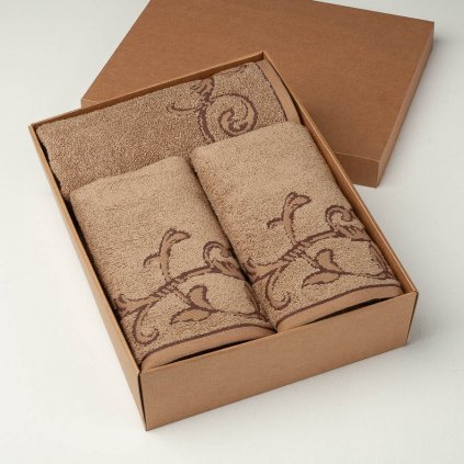Ručníky s osuškou Veba TERRY Barocco I v dárkové krabici hnědá (Velikost 70x140 + 2x 50x100 cm)