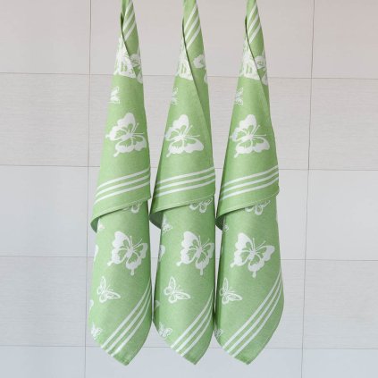 Bavlněné utěrky se vzorem MOTÝLCI zelená (Velikost 50x70 cm - 3 ks)