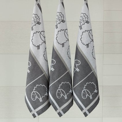 Bavlněné utěrky se vzorem OVEČKY šedá (Velikost 50x70 cm - 3 ks)
