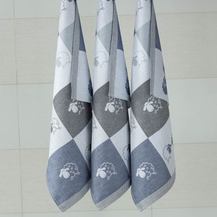 Bavlněné utěrky se vzorem OVEČKY kostka modrá (Velikost 50x70 cm - 3 ks)