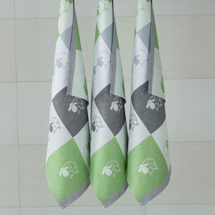 Bavlněné utěrky se vzorem OVEČKY kostka zelená (Velikost 50x70 cm - 3 ks)