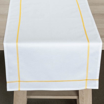 Ubrus Veba GARBO bavlněný satén bílá s ozdobným žlutým šitím s nešpinivou úpravou (Velikost 40x180 cm)