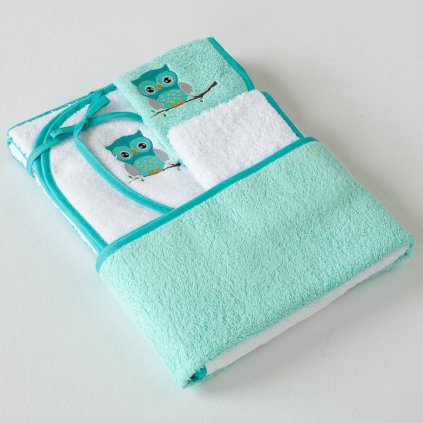 Dětský set Veba LOTA mintovobílá s výšivkou Sovička tyrkysová lemovka (Velikost 100x100-osuška + 30x50-ručník + slintáček + žínka)