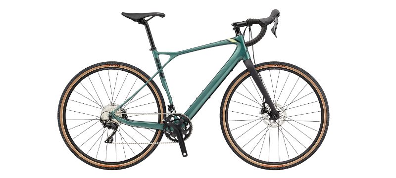 Zelené gravel kolo GT Grade Carbon na bílém pozadí