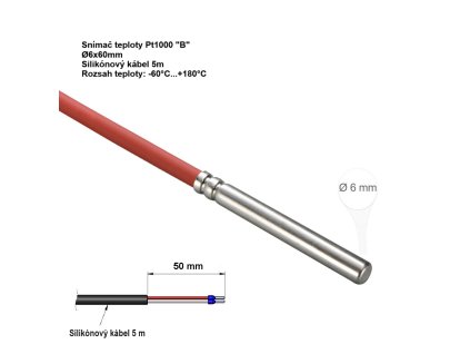 Snimac teploty Pt1000B 6x60mm silikon kabel 5m IP68 60 +180°C