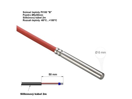 Snimac teploty Pt100B 6x50mm silikon kabel 2m IP68 60 +180°C