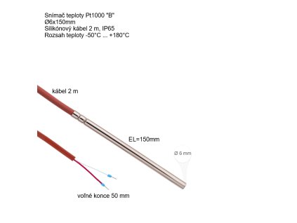 Snimac teploty Pt1000B 6x150mm Silikon kabel 2m IP65 50 +180°C