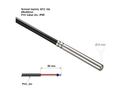 snimac teplopty NTC10k 6x60mm PVC kabel 2m IP68 vodotesny