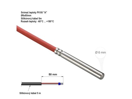 Snimac teploty Pt100A 6x60mm silikon kabel 5m IP68 -60 ... +180°C