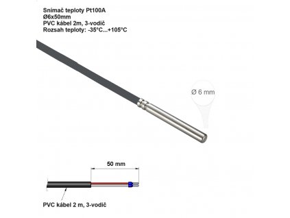 Snimac teploty Pt100A 6x50mm PVC kabel 2m 3 vodic IP68 35°C +105°C